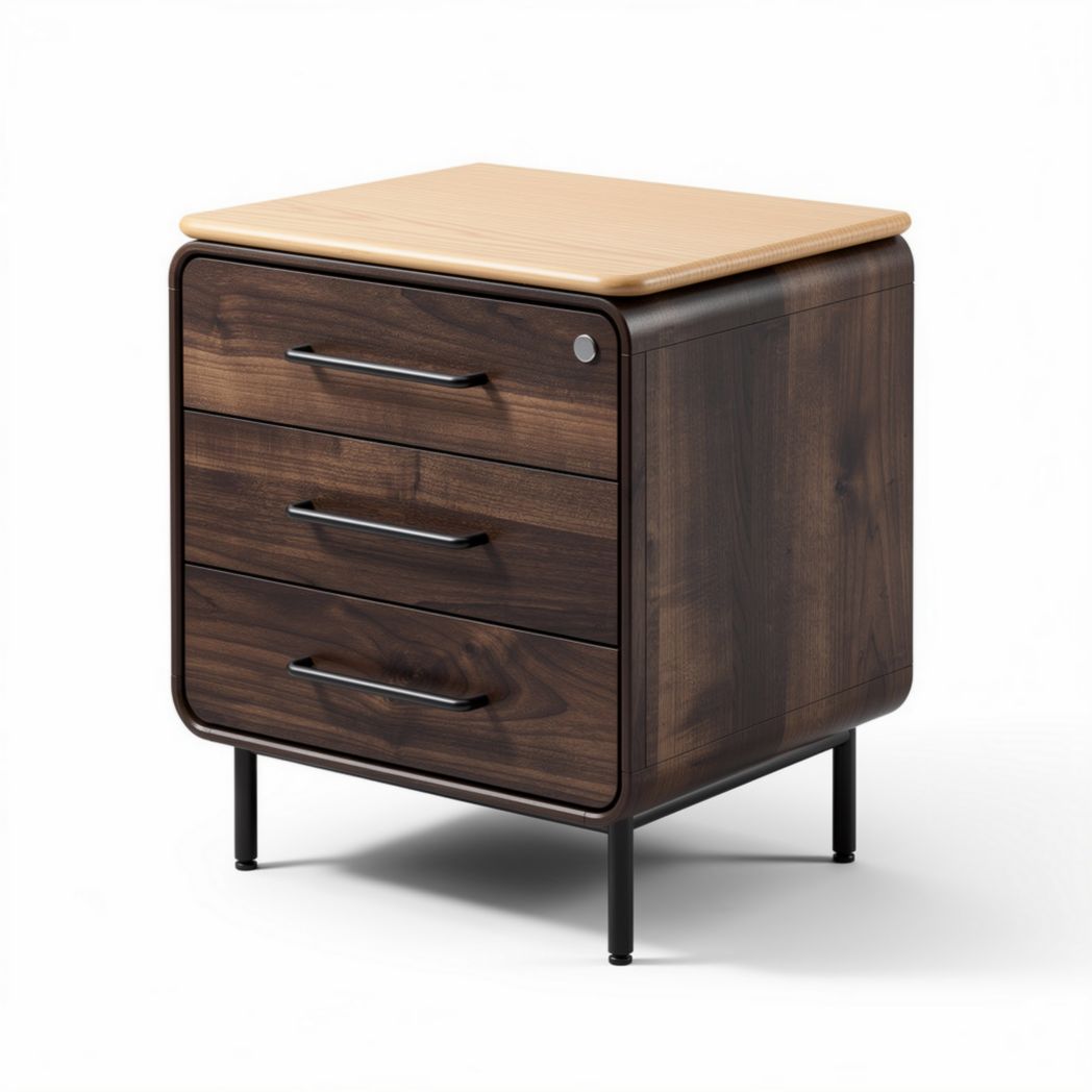 Wooden nightstand with three drawers and metal legs in walnut finish 45 x 40 x 60cm