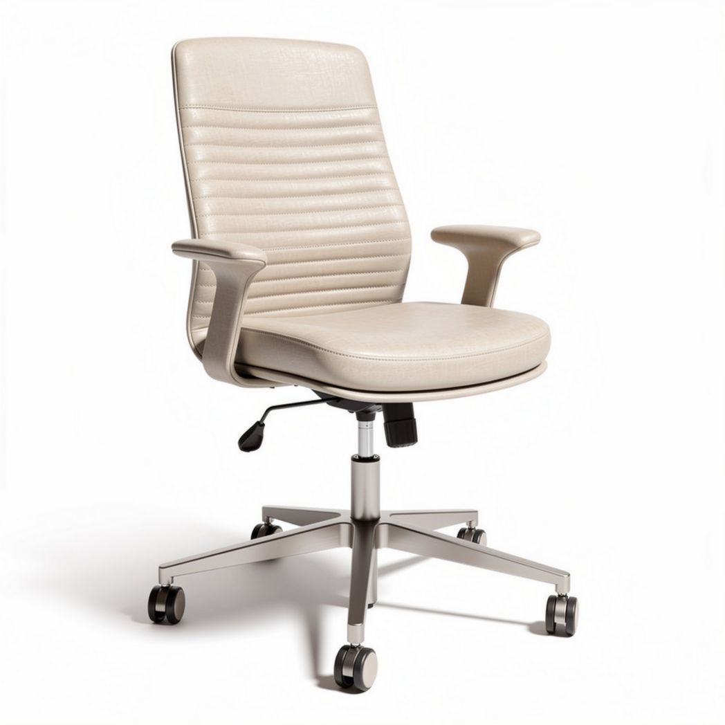 Leather office chair with adjustable height and rolling base in cream color