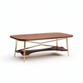 Walnut coffee table with gold metal legs and lower shelf 120 x 60 x 45cm