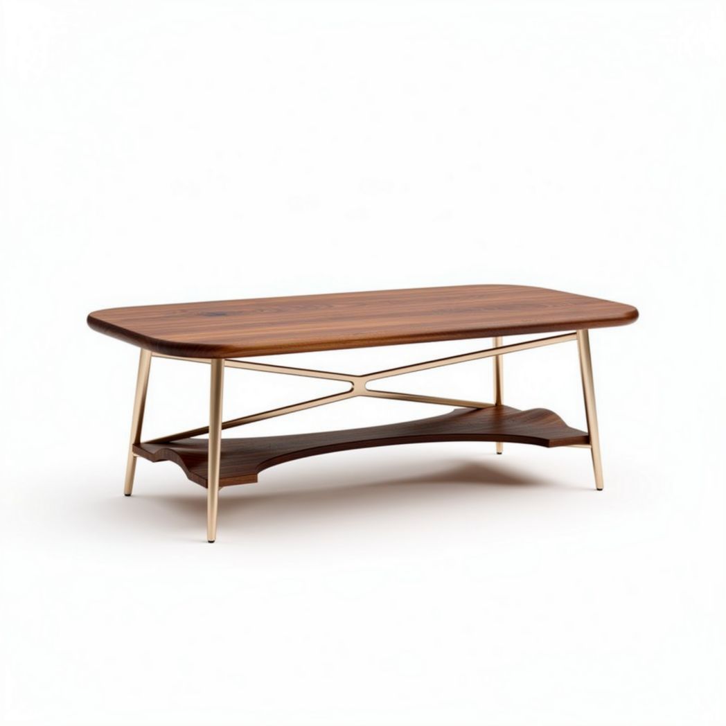 Walnut coffee table with gold metal legs and lower shelf 120 x 60 x 45cm