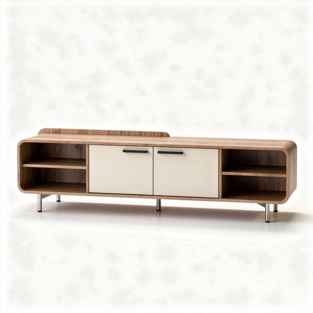 Modern wooden TV stand with storage cabinets and open shelves 150 x 40 x 50cm