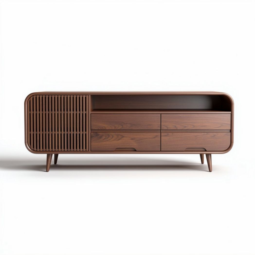 Wooden media console with four drawers and slatted design 150 x 40 x 50cm