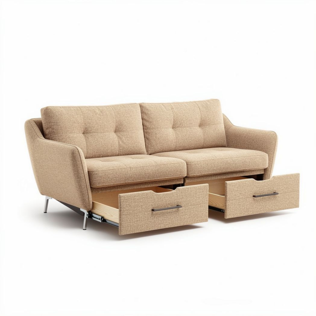 Convertible sofa bed with storage drawers in beige fabric 180 x 90 x 85cm