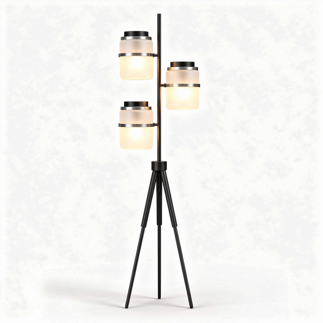 Tripod floor lamp with three glass shades and metal accents 20 x 20 x 150cm
