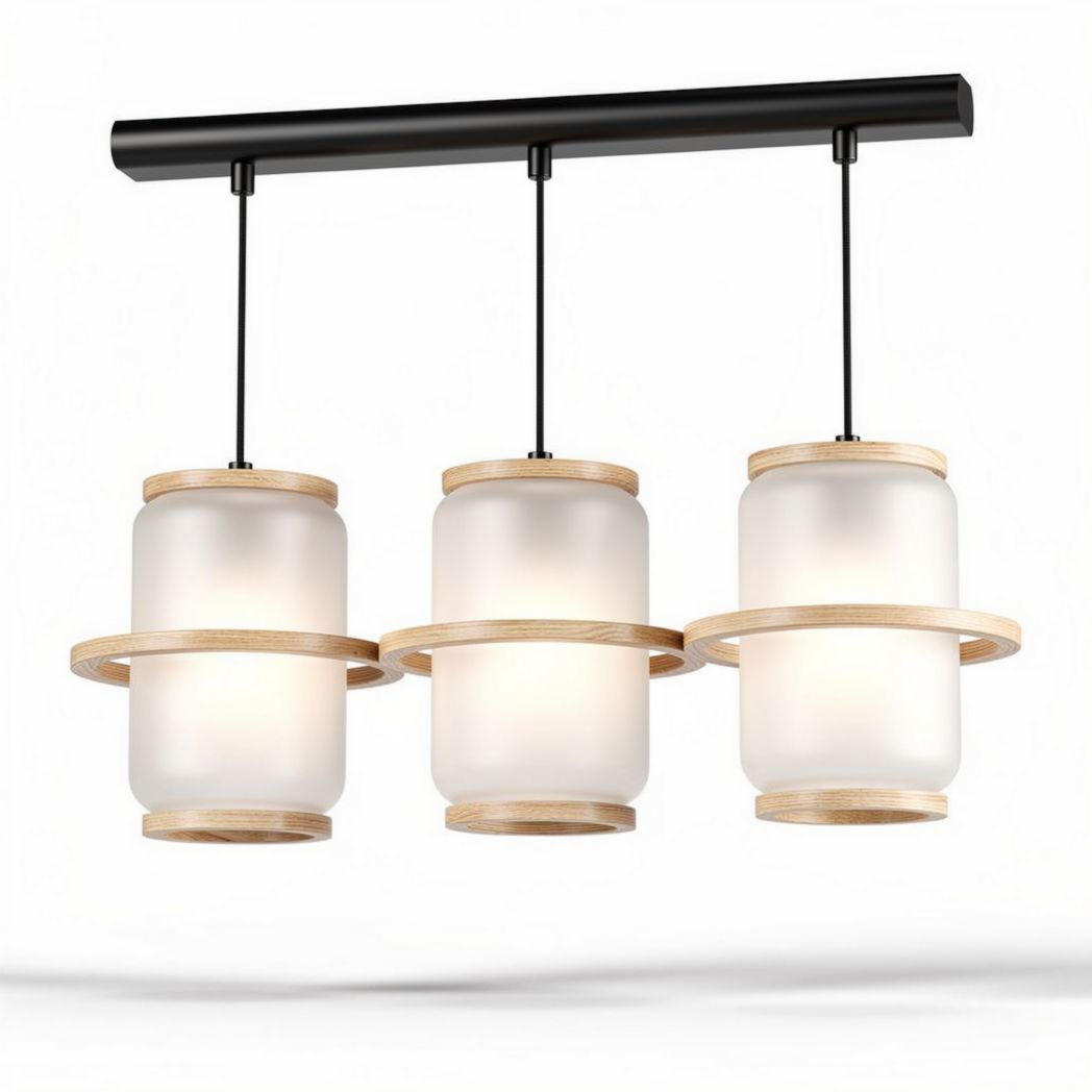 Three-light pendant lamp with frosted glass and wooden accents 50 x 15 x 15cm