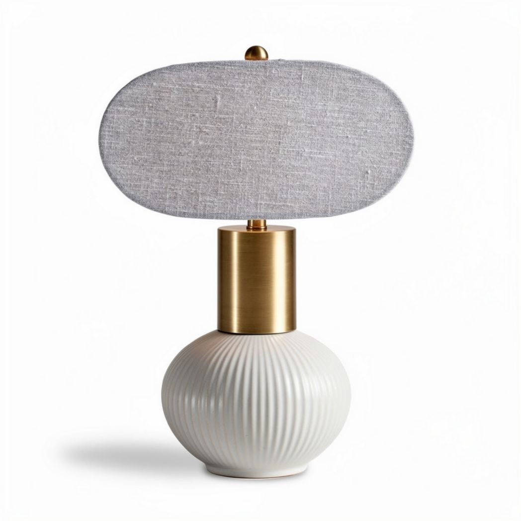 Ceramic table lamp with linen shade and brass accents 18 x 18 x 40cm
