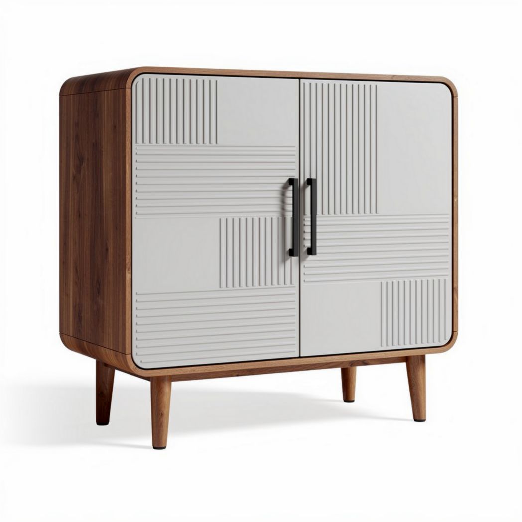 Wooden cabinet with two doors and textured white panel design 80 x 40 x 75cm